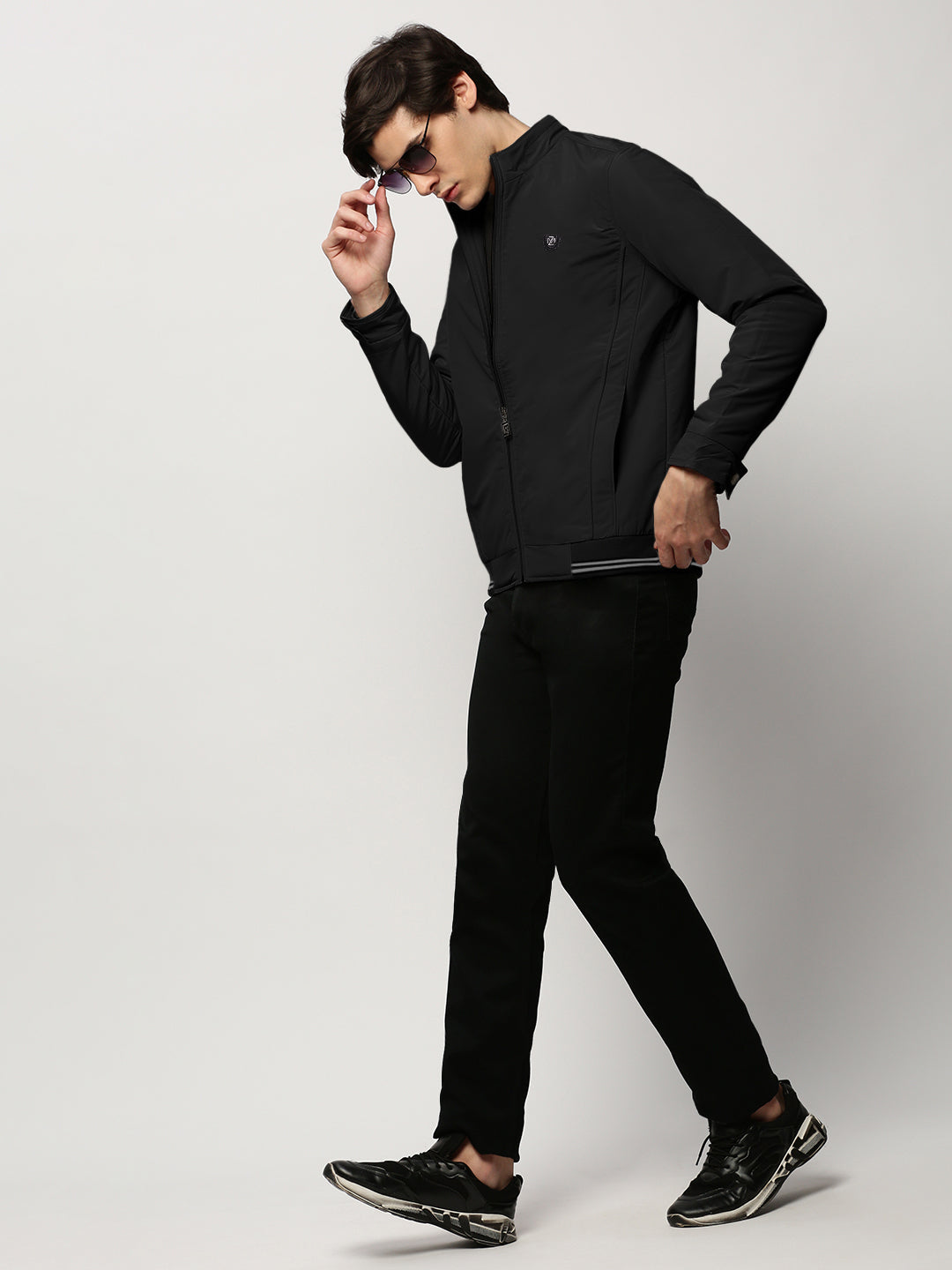 Men's Solid Black Mock Collar Bomber Jacket