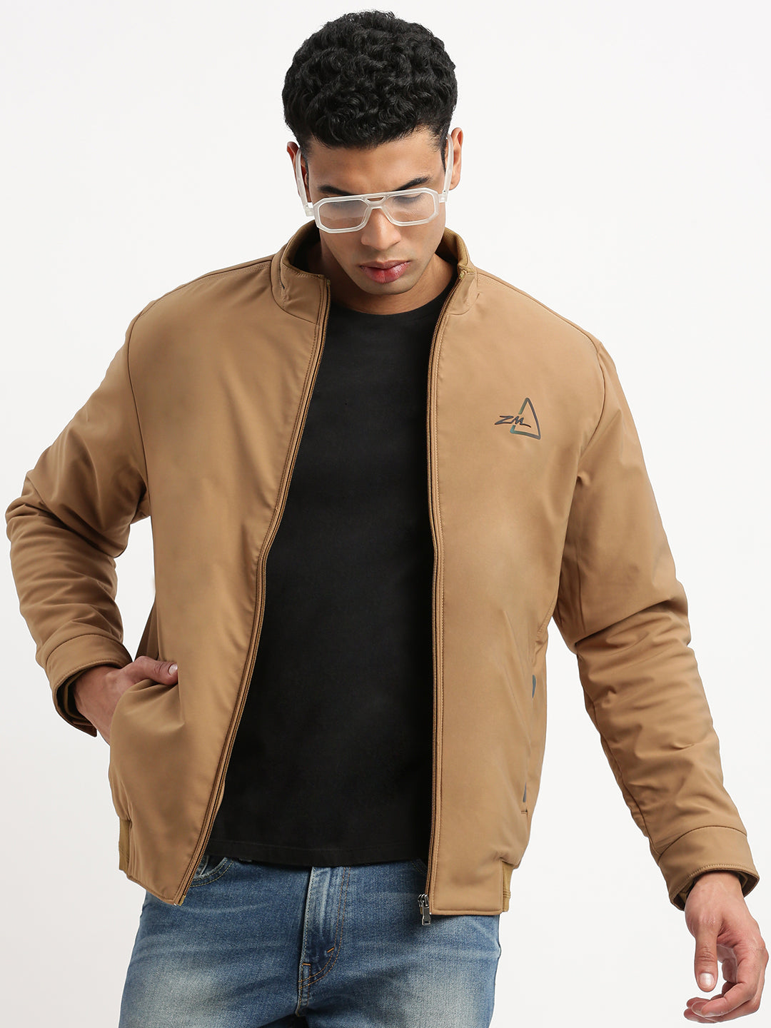 Men Mock Collar Khaki Solid Bomber Jacket