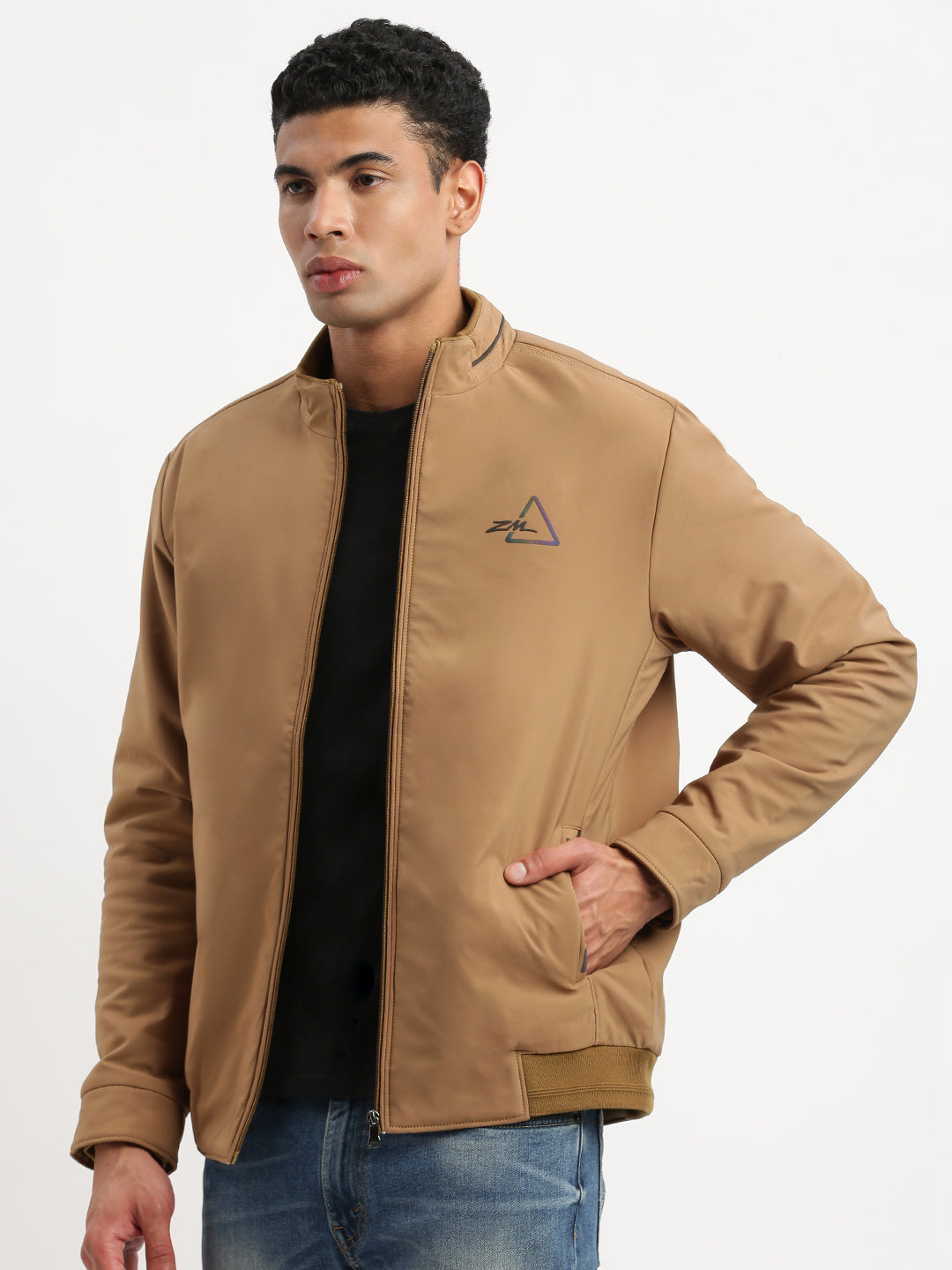 Men Mock Collar Khaki Solid Bomber Jacket