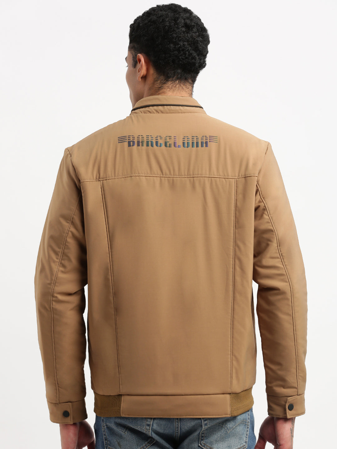 Men Mock Collar Khaki Solid Bomber Jacket