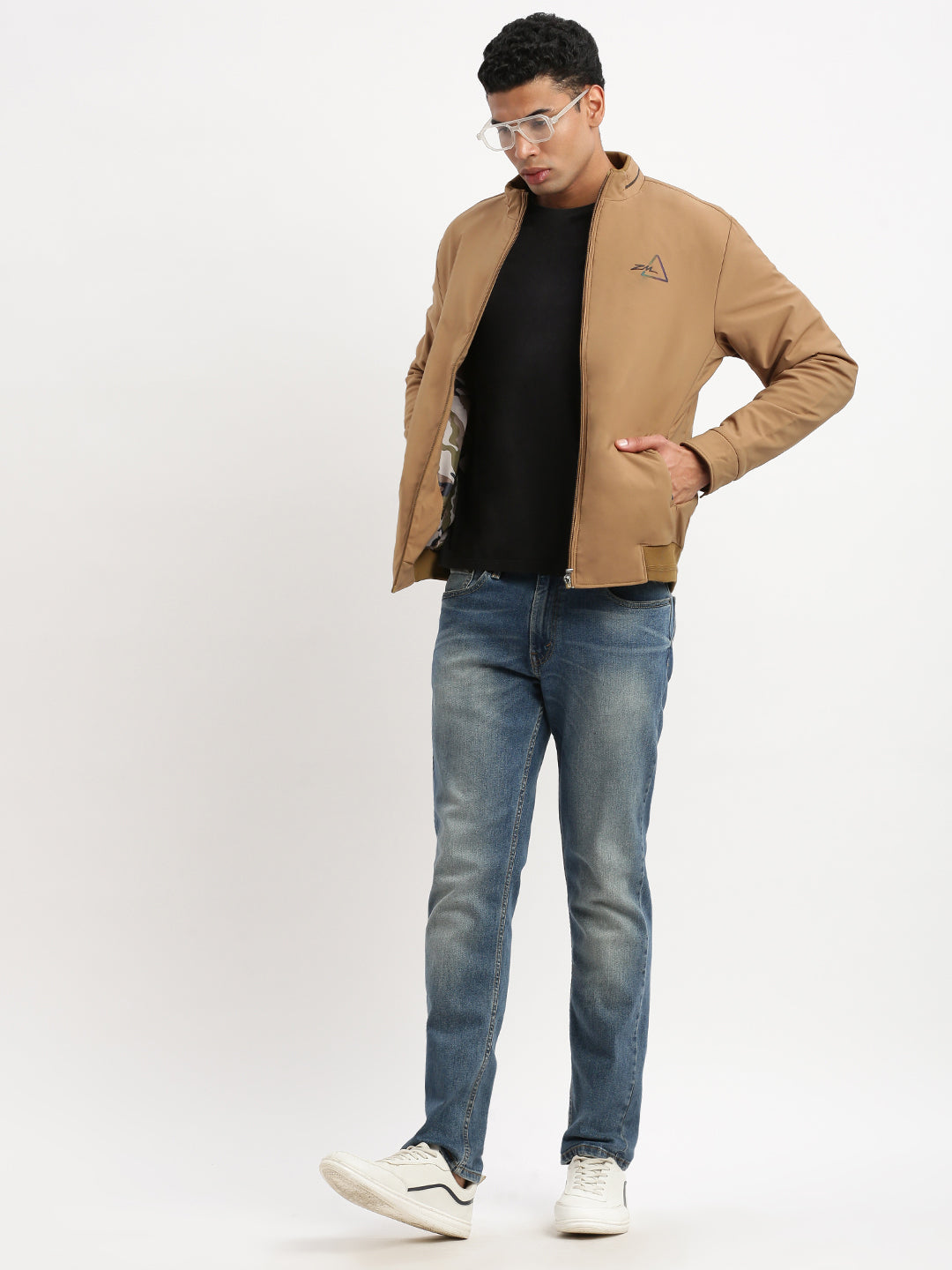 Men Mock Collar Khaki Solid Bomber Jacket