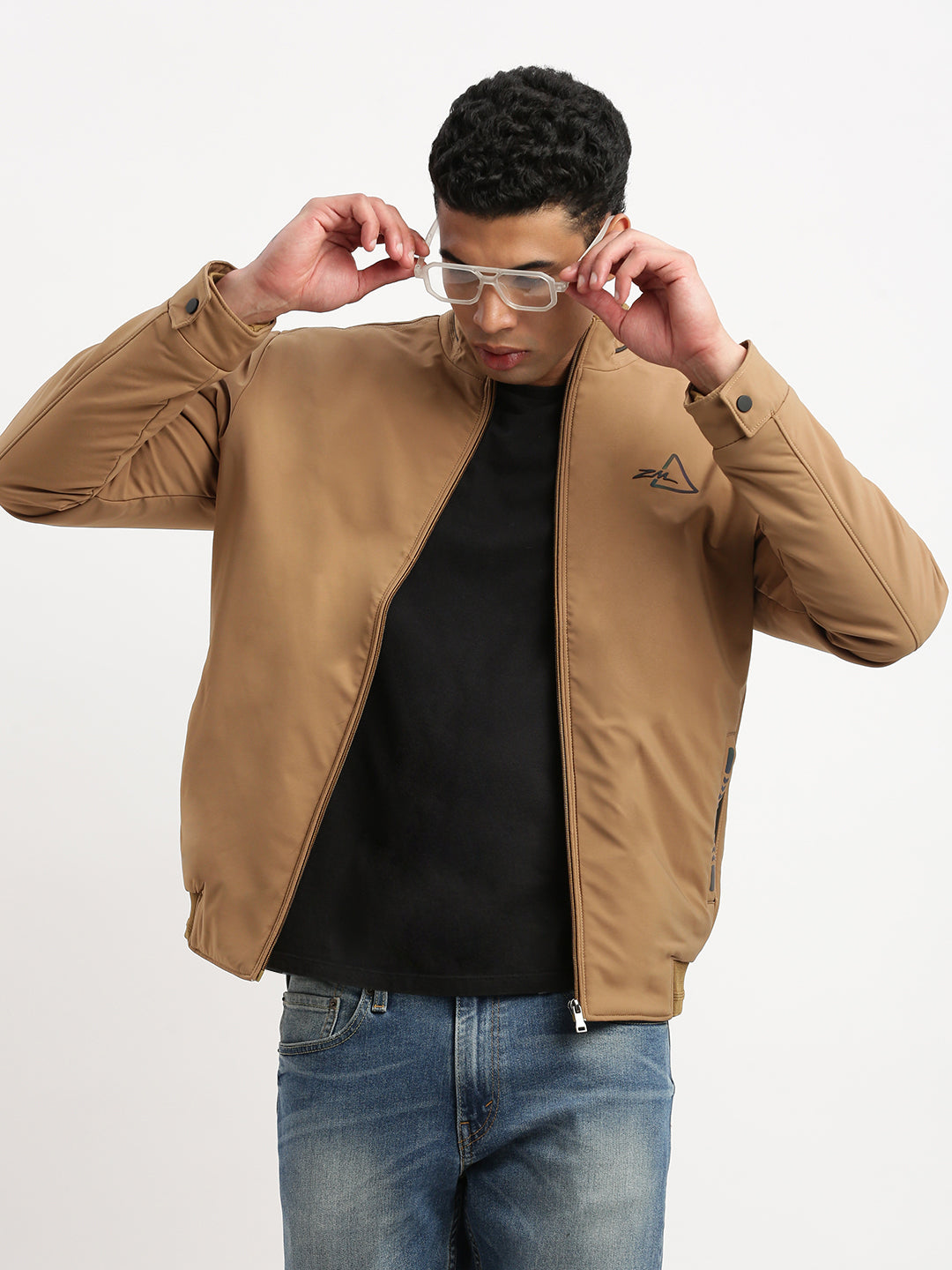 Men Mock Collar Khaki Solid Bomber Jacket