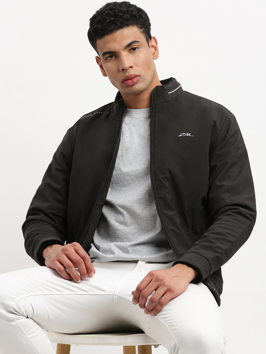 Men Mock Collar Black Graphic Bomber Jacket