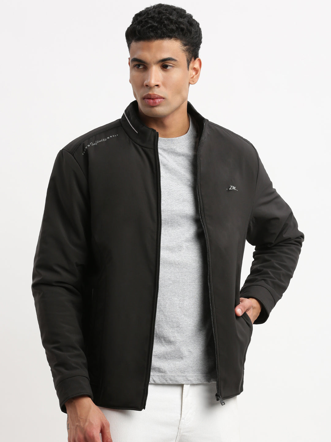 Men Mock Collar Black Graphic Bomber Jacket