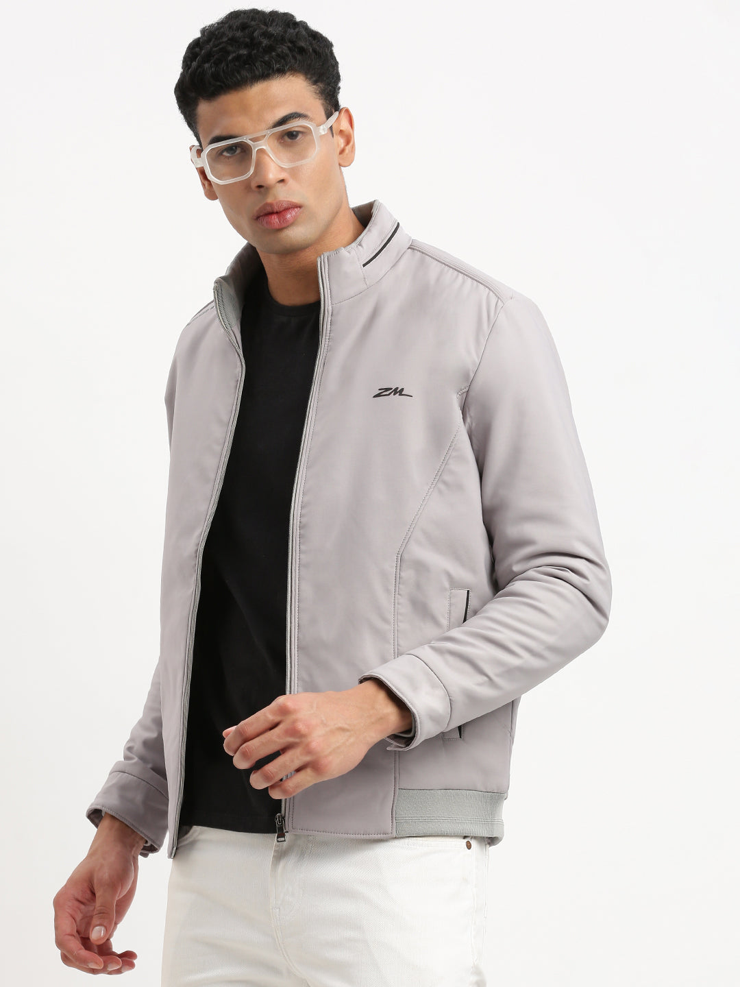 Men Mock Collar Grey Graphic Bomber Jacket