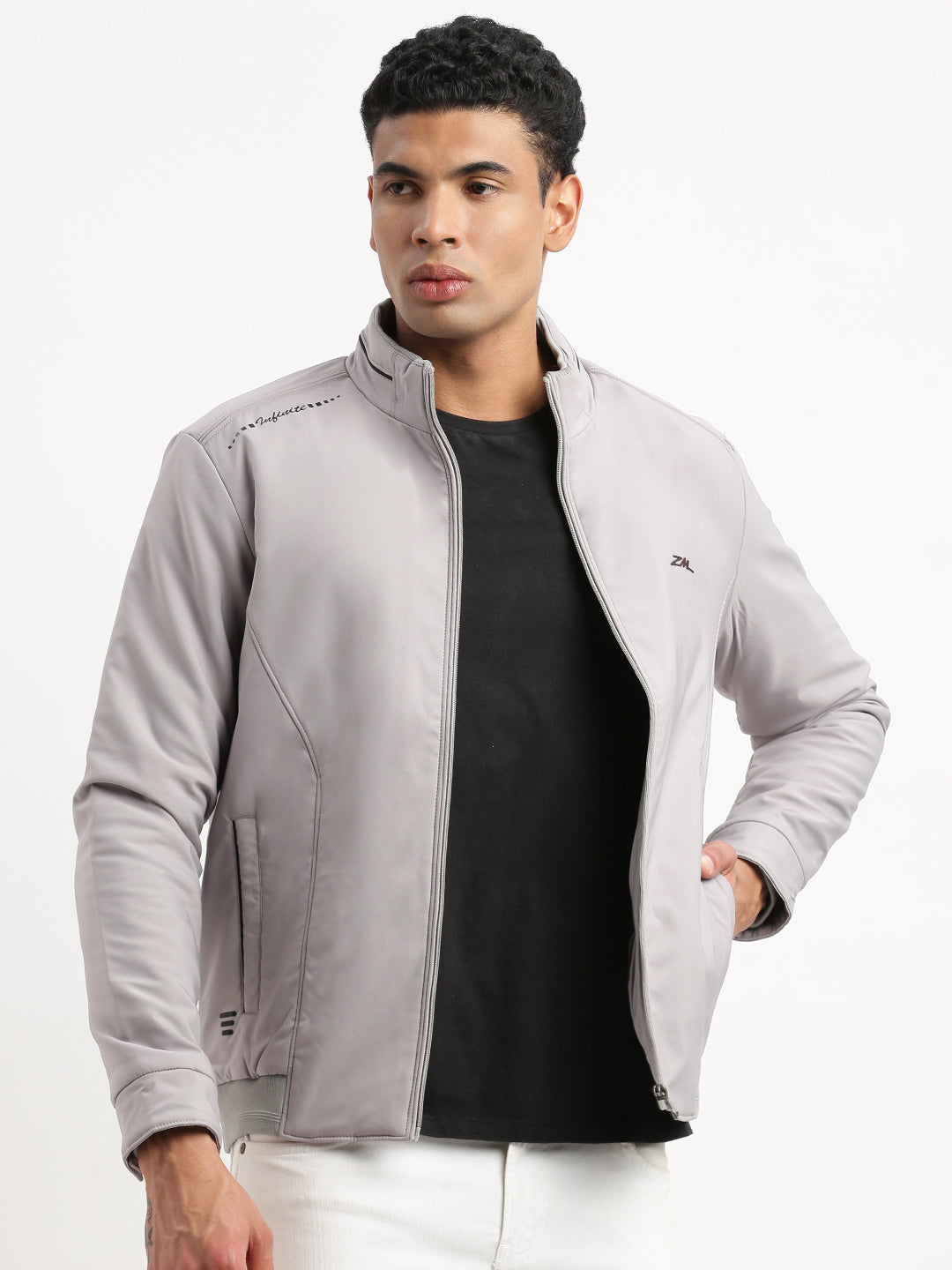 Men Mock Collar Grey Graphic Bomber Jacket