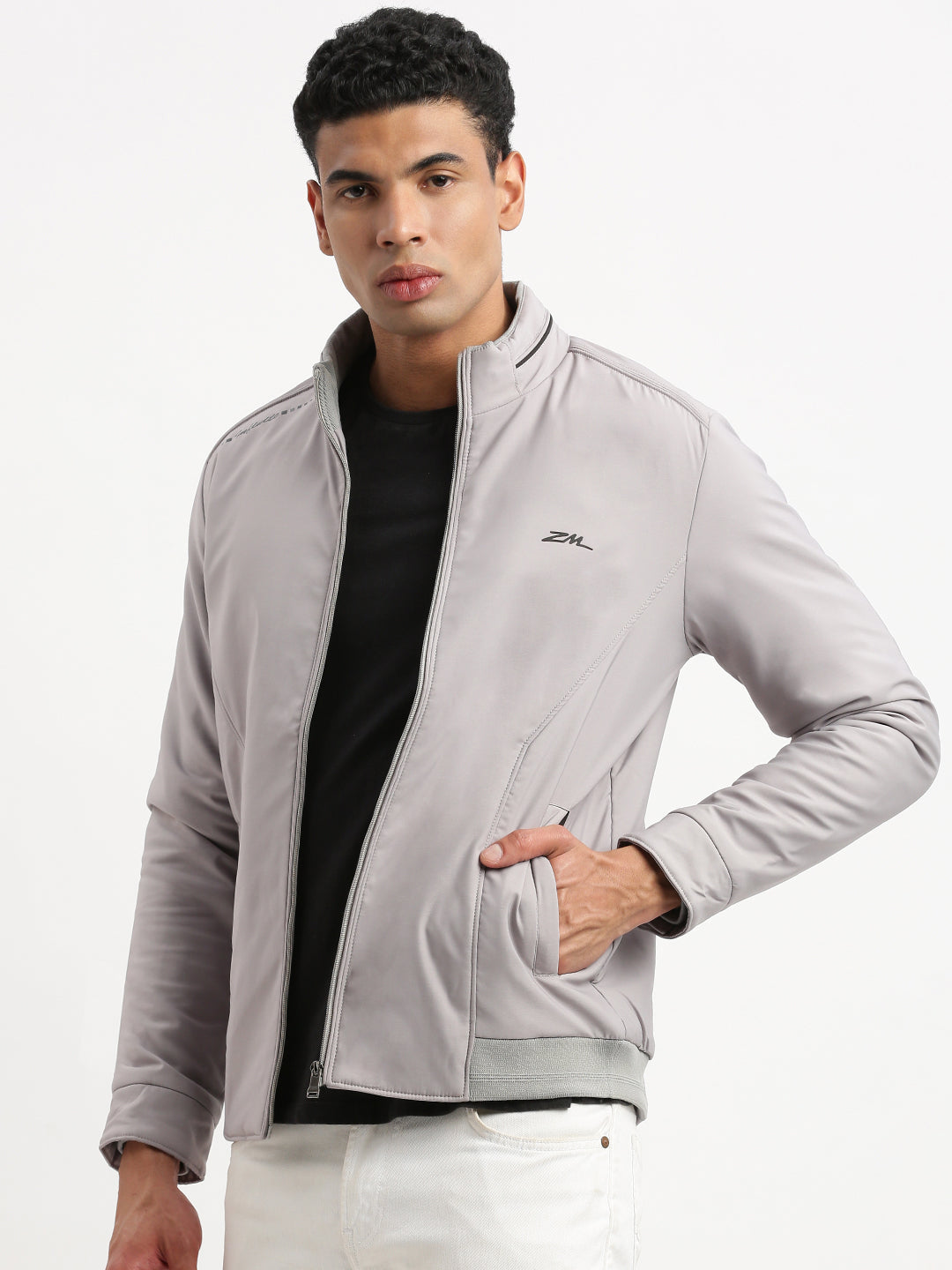 Men Mock Collar Grey Graphic Bomber Jacket