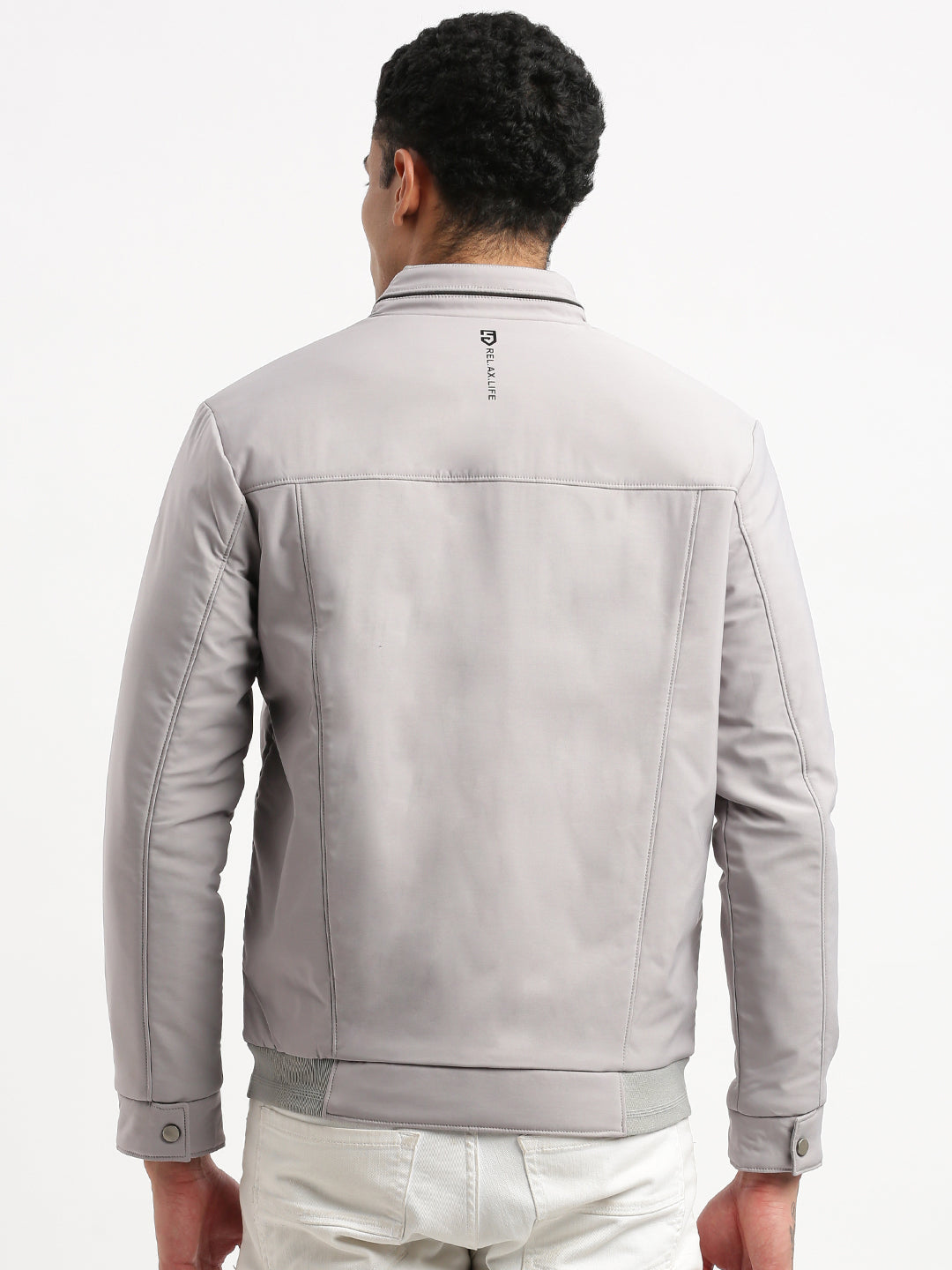 Men Mock Collar Grey Graphic Bomber Jacket