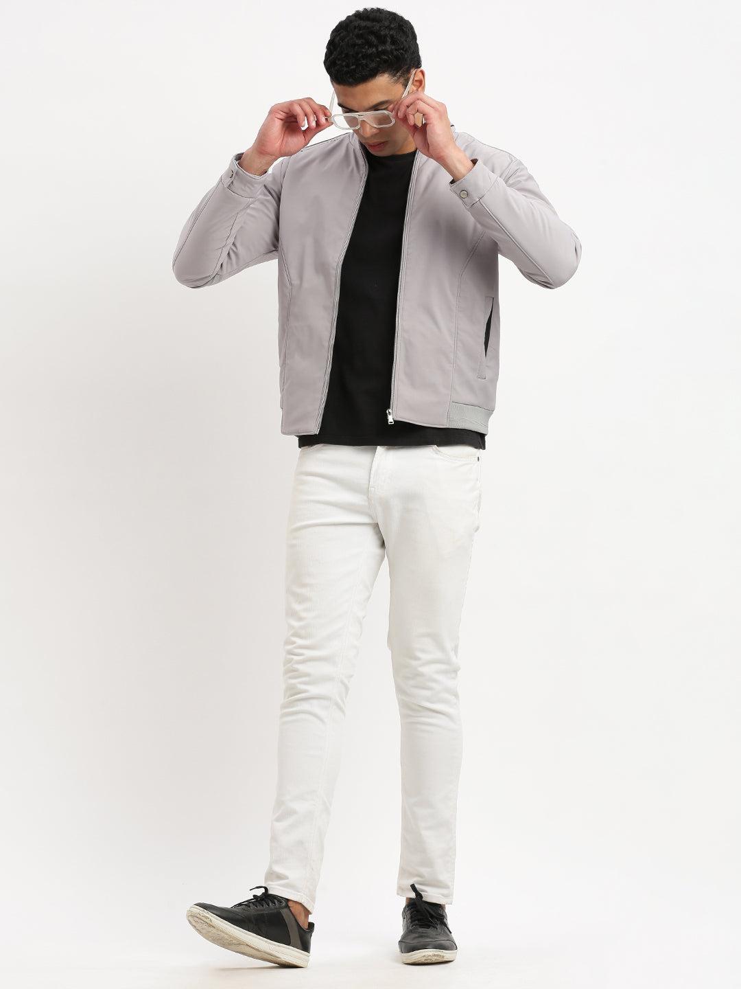 Men Mock Collar Grey Graphic Bomber Jacket