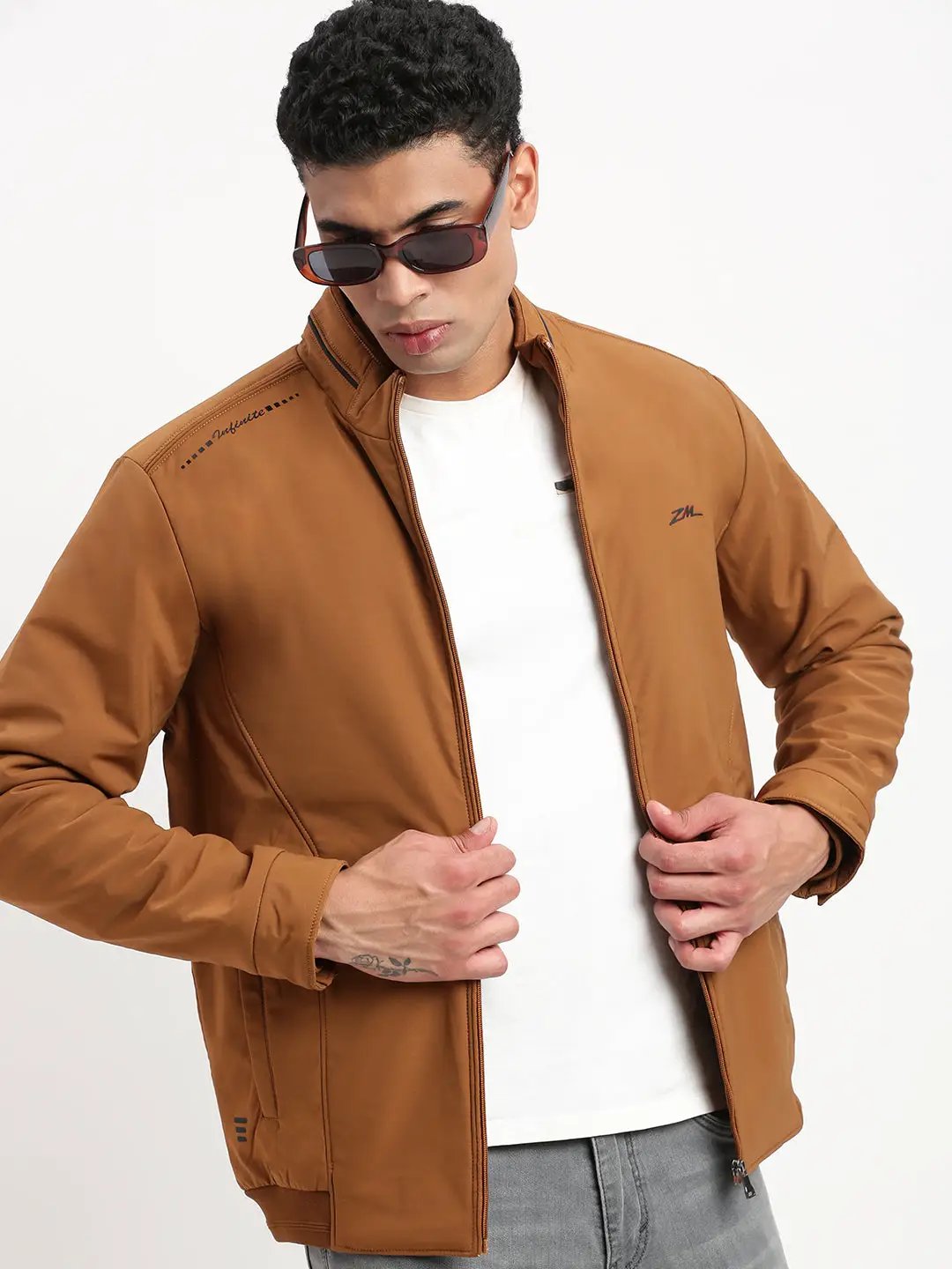 Men's Mock Collar Brown Bomber Jacket