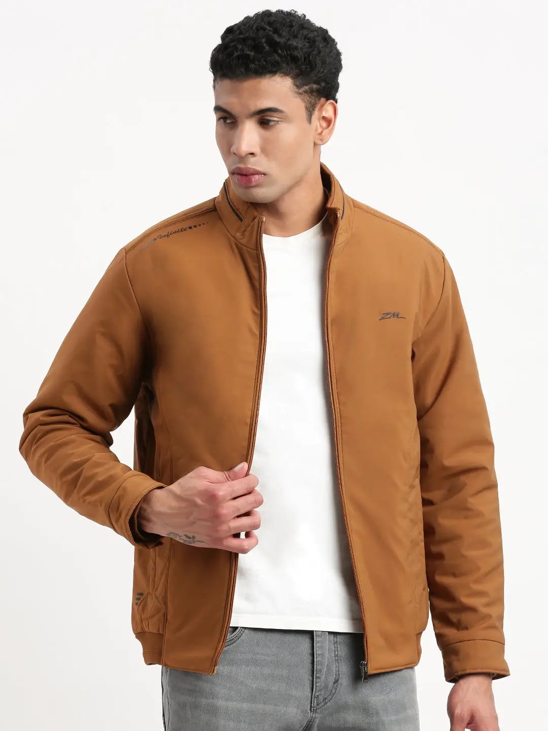 Men's Mock Collar Brown Bomber Jacket