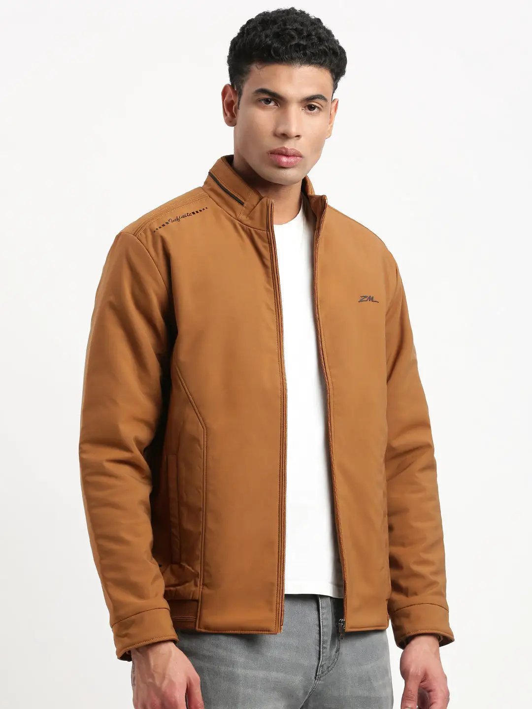 Men's Mock Collar Brown Bomber Jacket