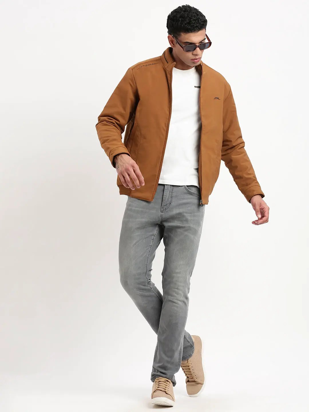 Men's Mock Collar Brown Bomber Jacket