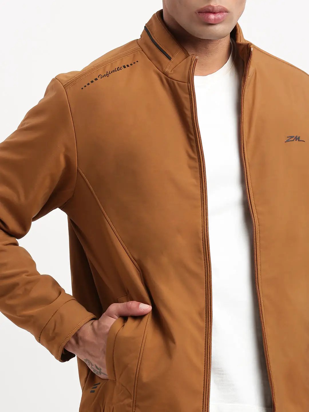 Men's Mock Collar Brown Bomber Jacket
