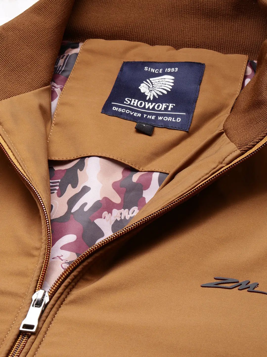 Men's Mock Collar Brown Bomber Jacket