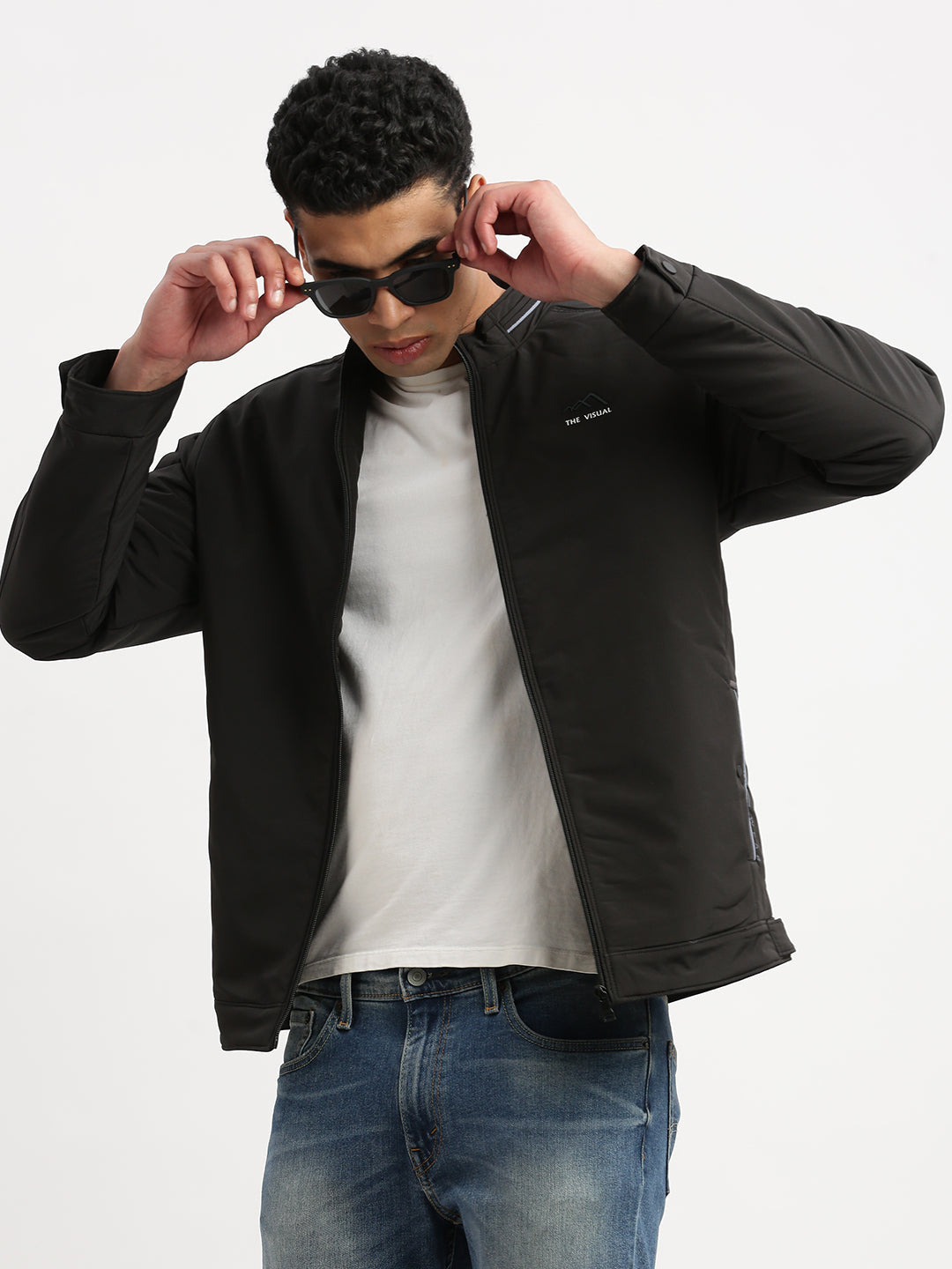 Men Mock Collar Black Solid Bomber Jacket