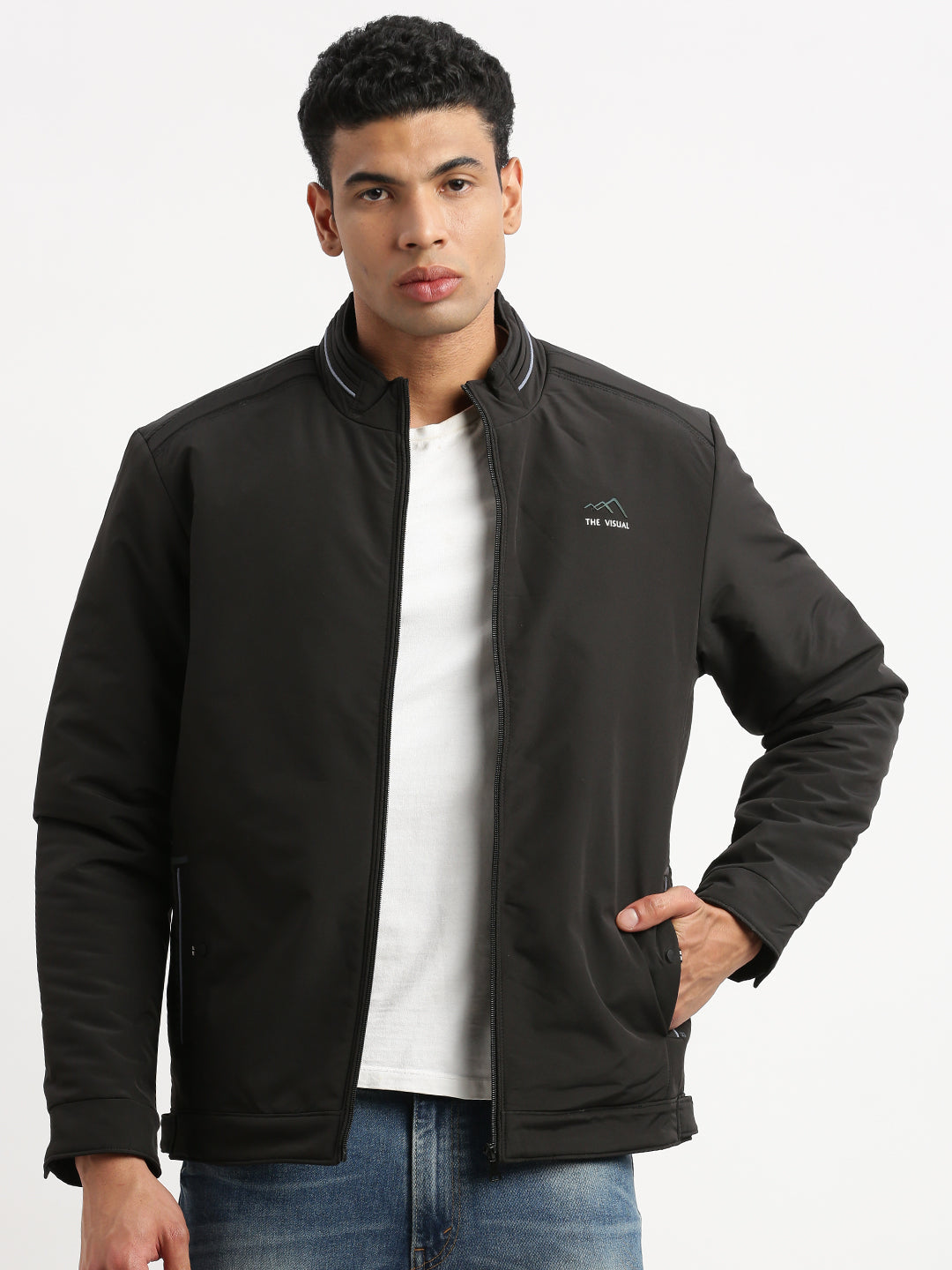 Men Mock Collar Black Solid Bomber Jacket