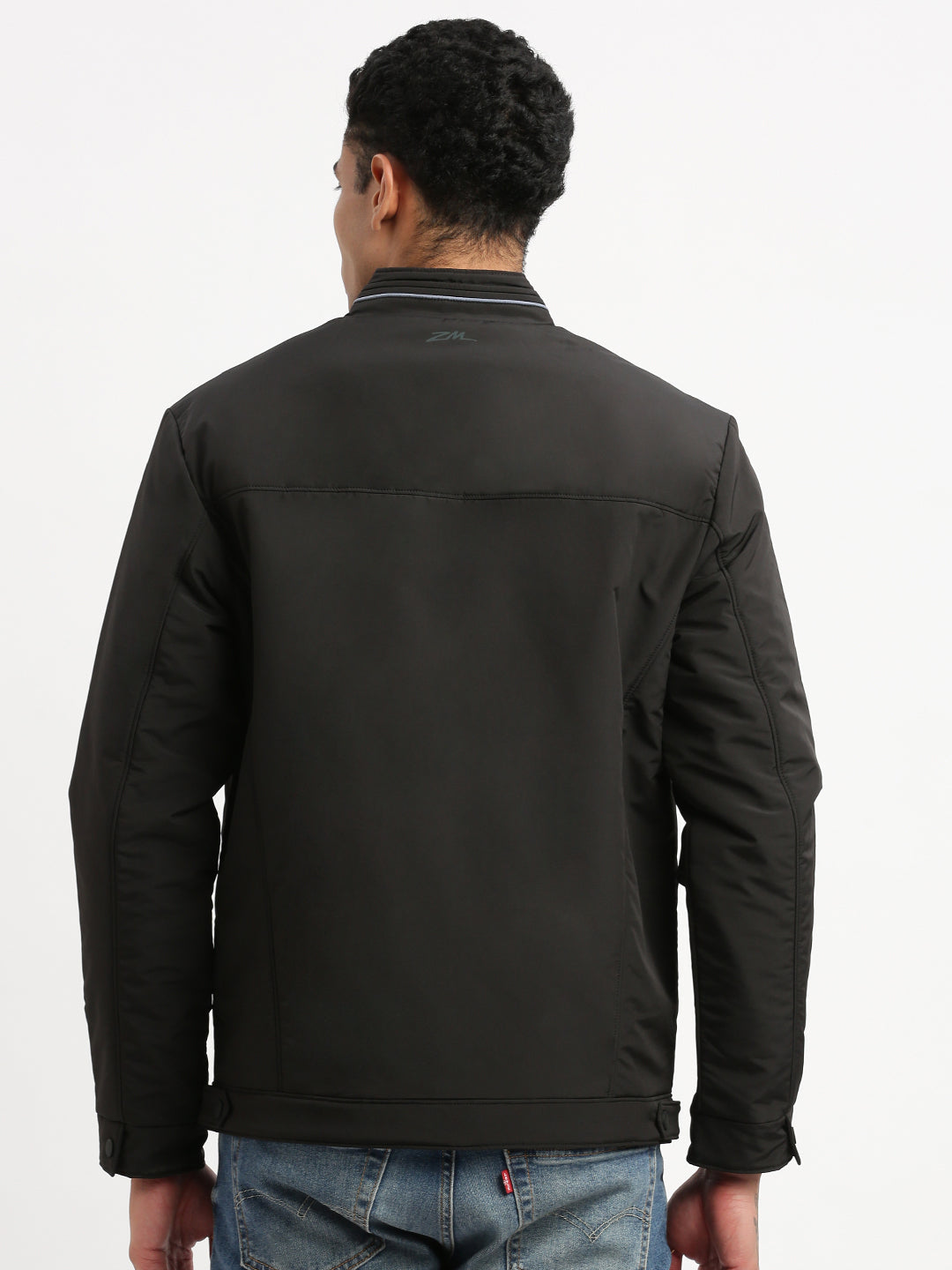 Men Mock Collar Black Solid Bomber Jacket