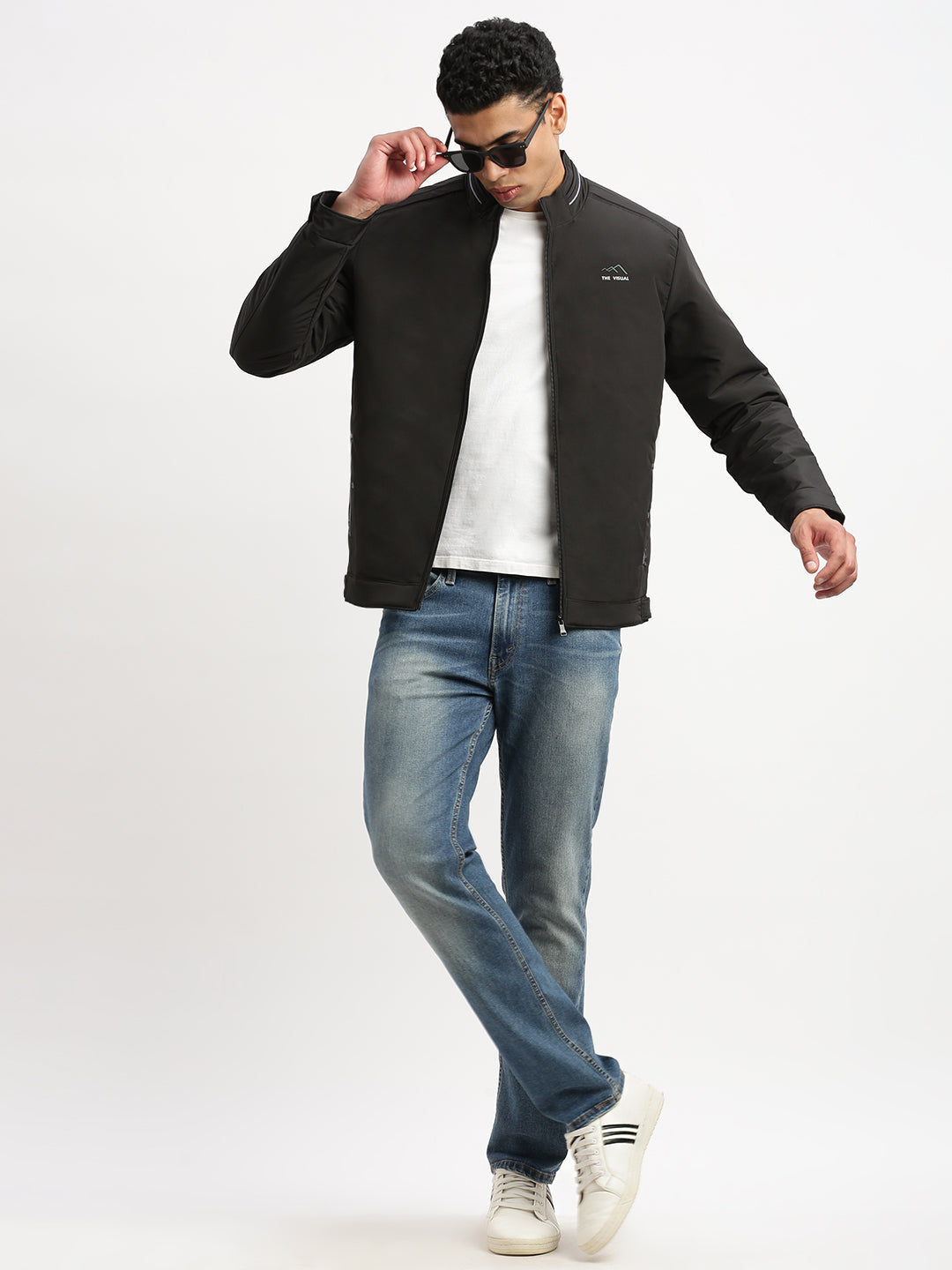 Men Mock Collar Black Solid Bomber Jacket