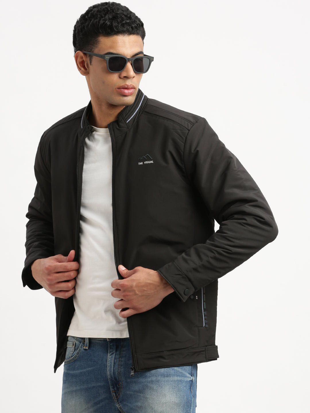 Men Mock Collar Black Solid Bomber Jacket