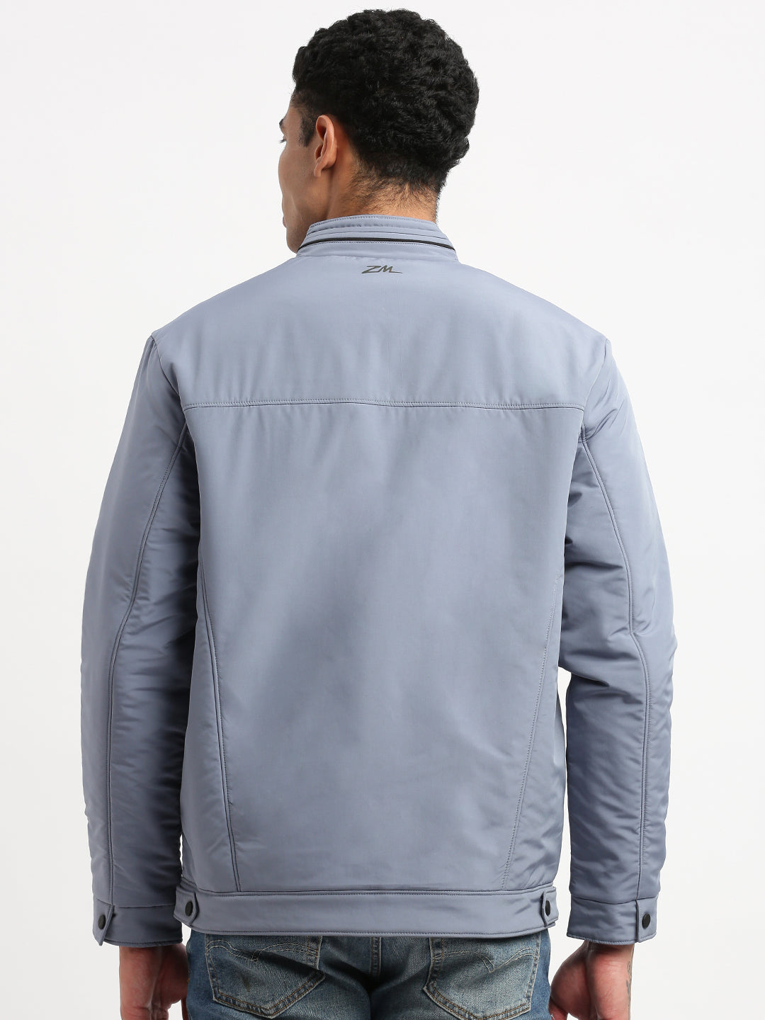 Men Mock Collar Blue Solid Bomber Jacket