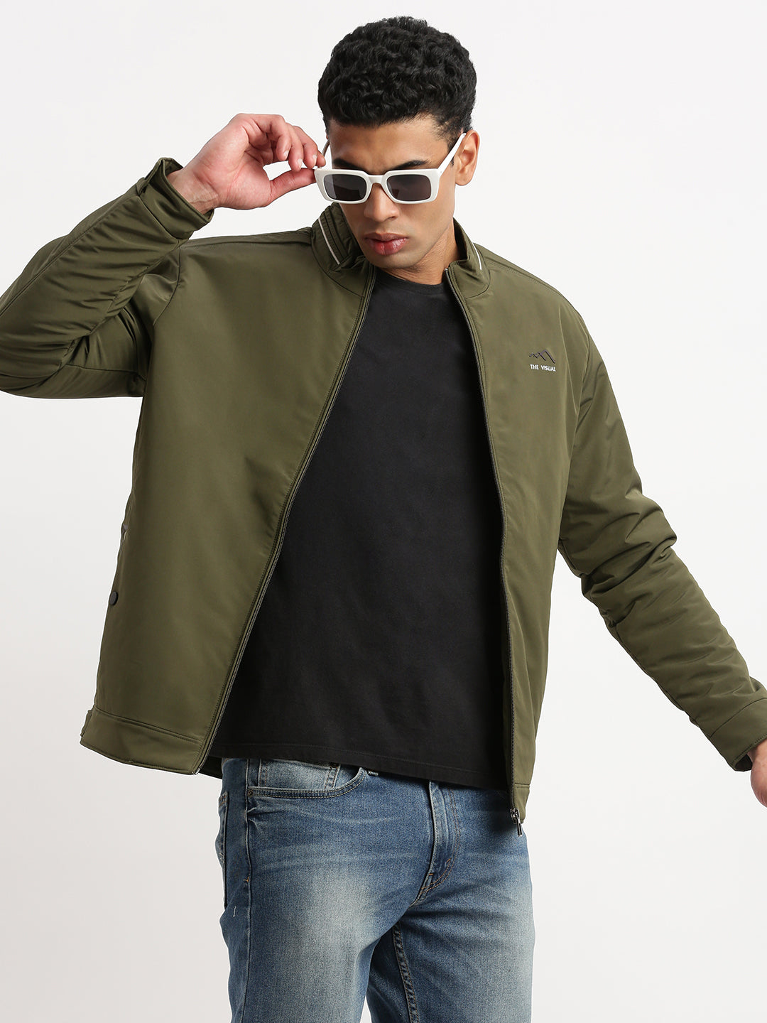 Men Mock Collar Olive Solid Bomber Jacket