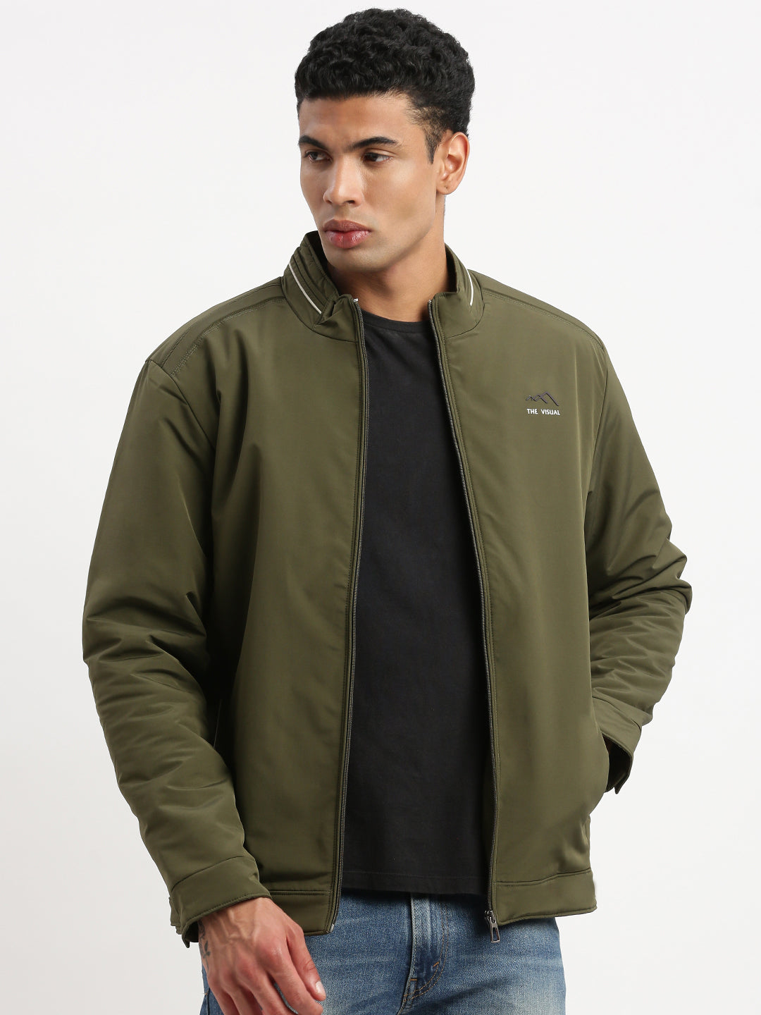 Men Mock Collar Olive Solid Bomber Jacket