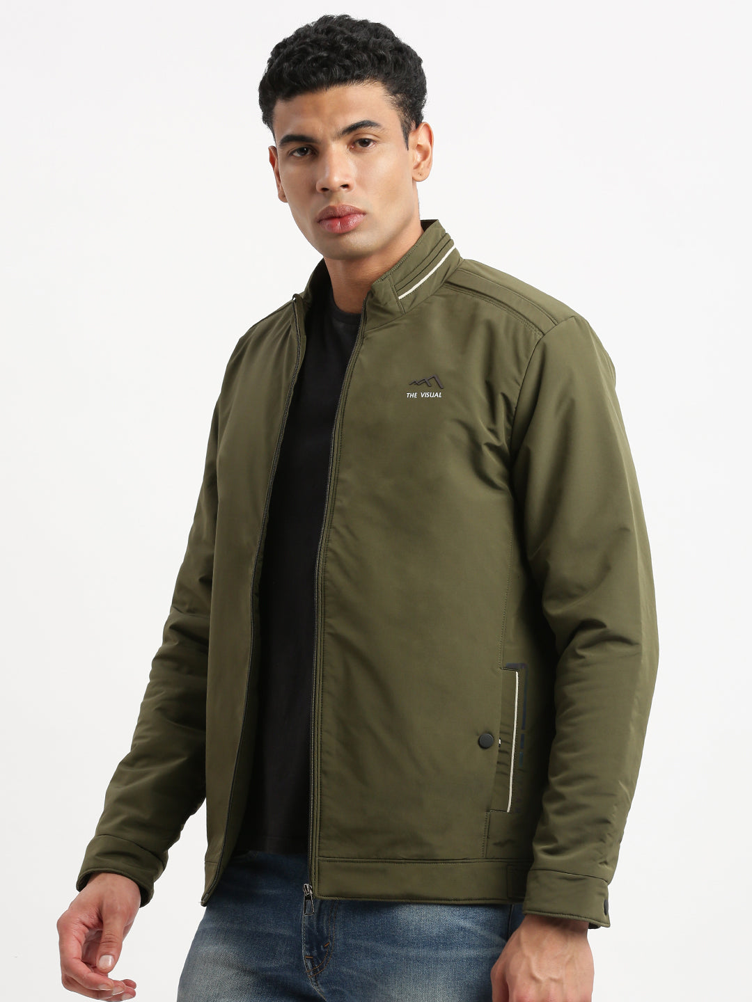 Men Mock Collar Olive Solid Bomber Jacket