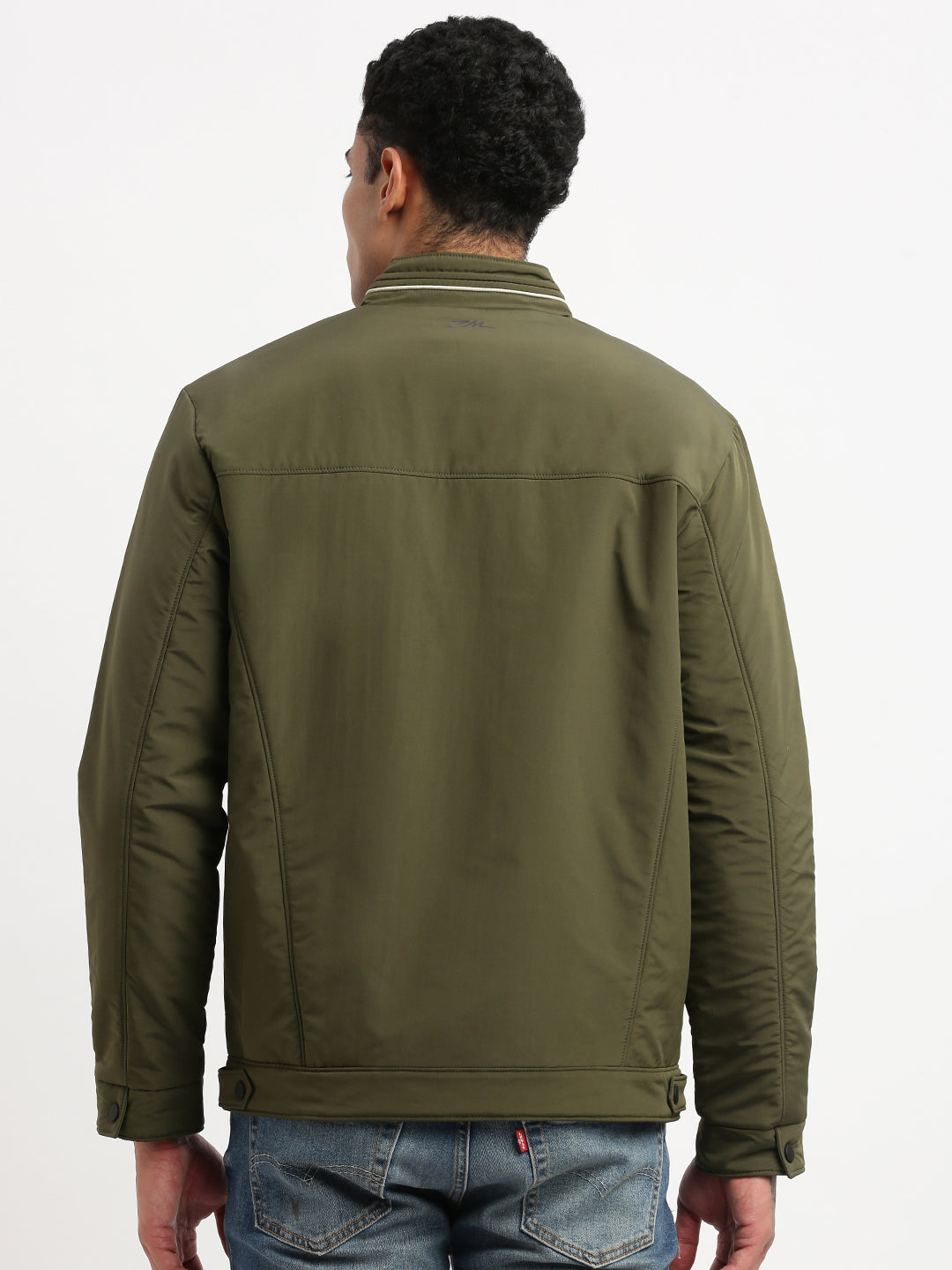 Men Mock Collar Olive Solid Bomber Jacket