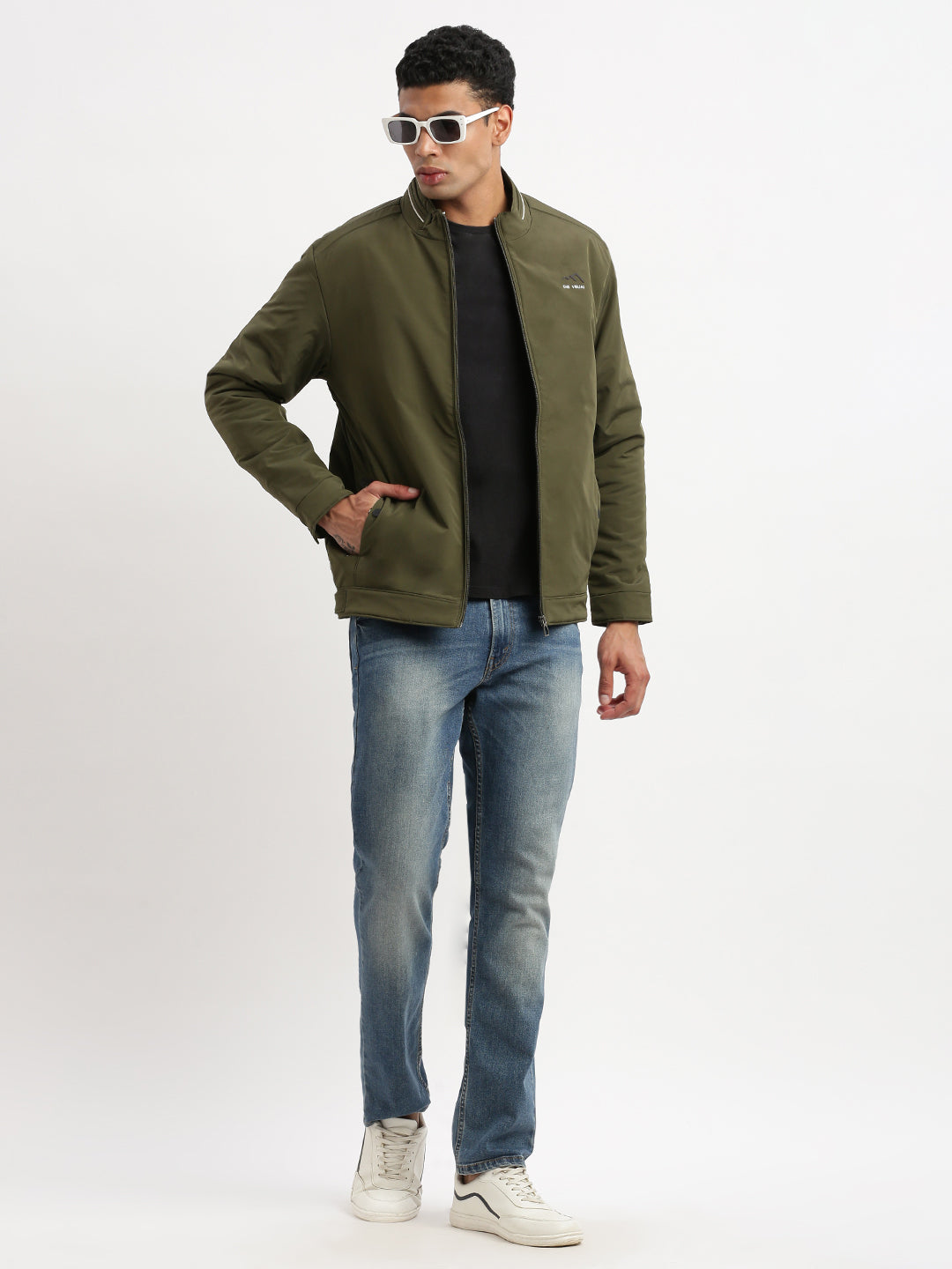 Men Mock Collar Olive Solid Bomber Jacket