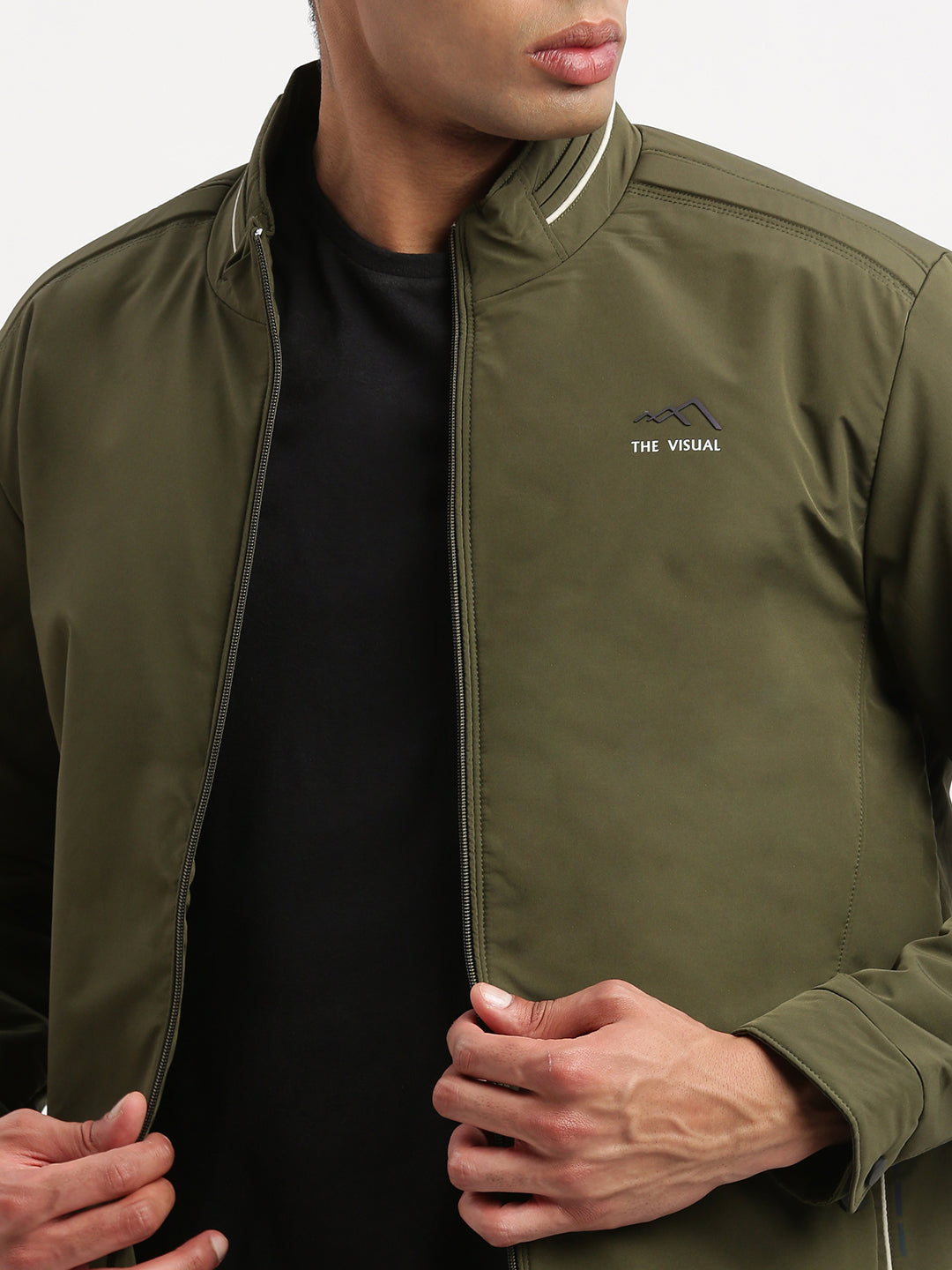 Men Mock Collar Olive Solid Bomber Jacket