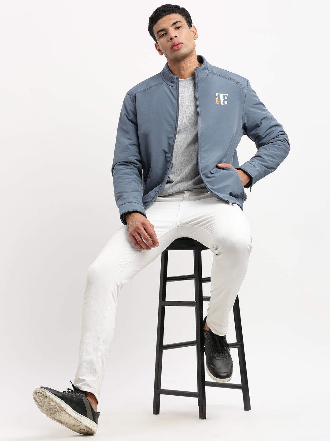 Men Mock Collar Blue Solid Bomber Jacket