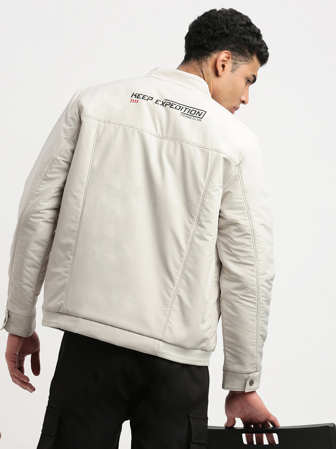 Men Mock Collar Cream Solid Bomber Jacket