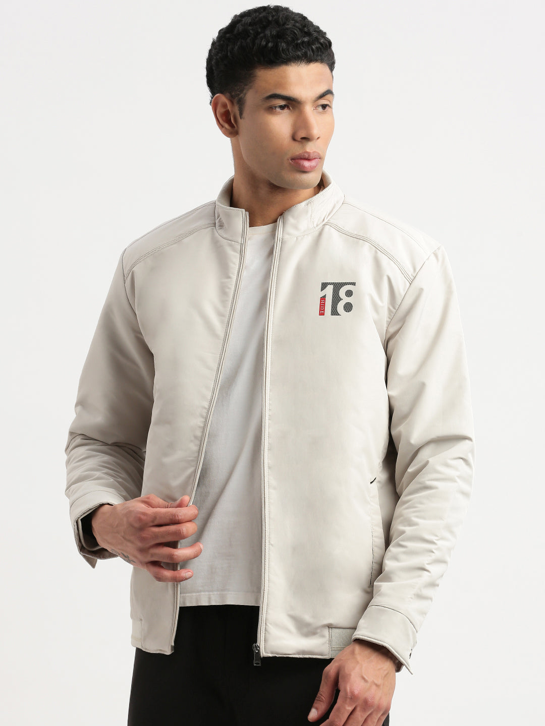 Men Mock Collar Cream Solid Bomber Jacket