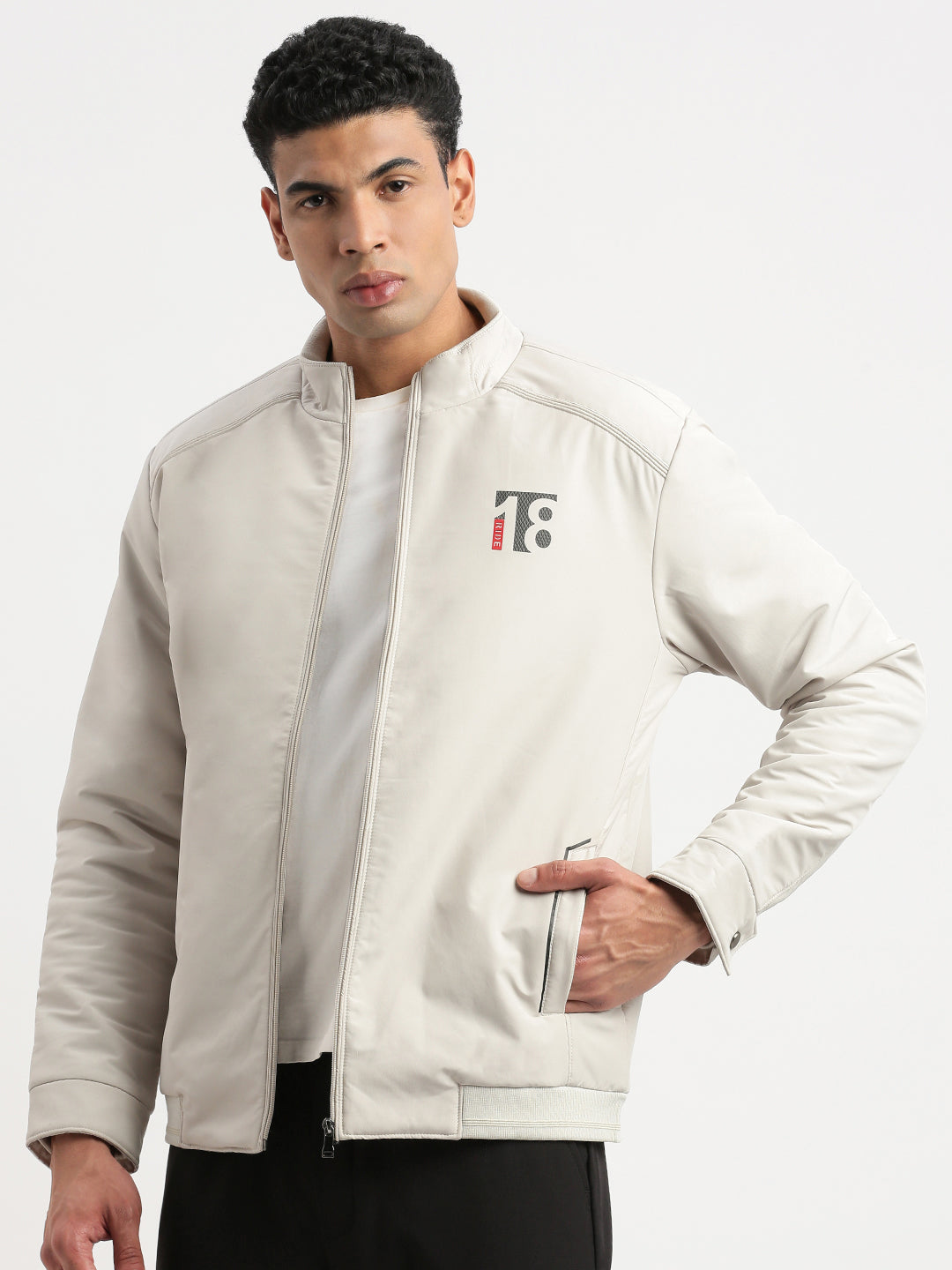 Men Mock Collar Cream Solid Bomber Jacket