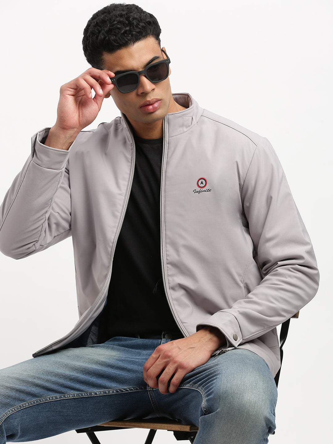 Men Mock Collar Grey Solid Bomber Jacket