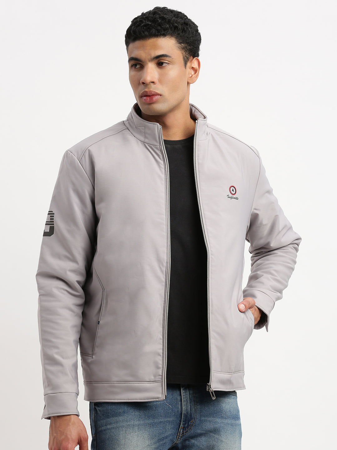 Men Mock Collar Grey Solid Bomber Jacket