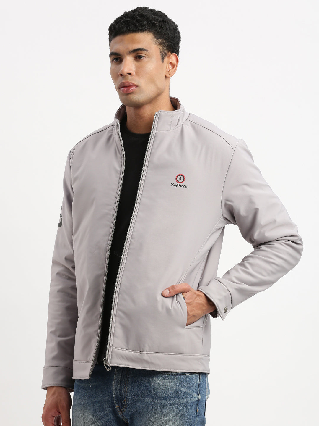 Men Mock Collar Grey Solid Bomber Jacket