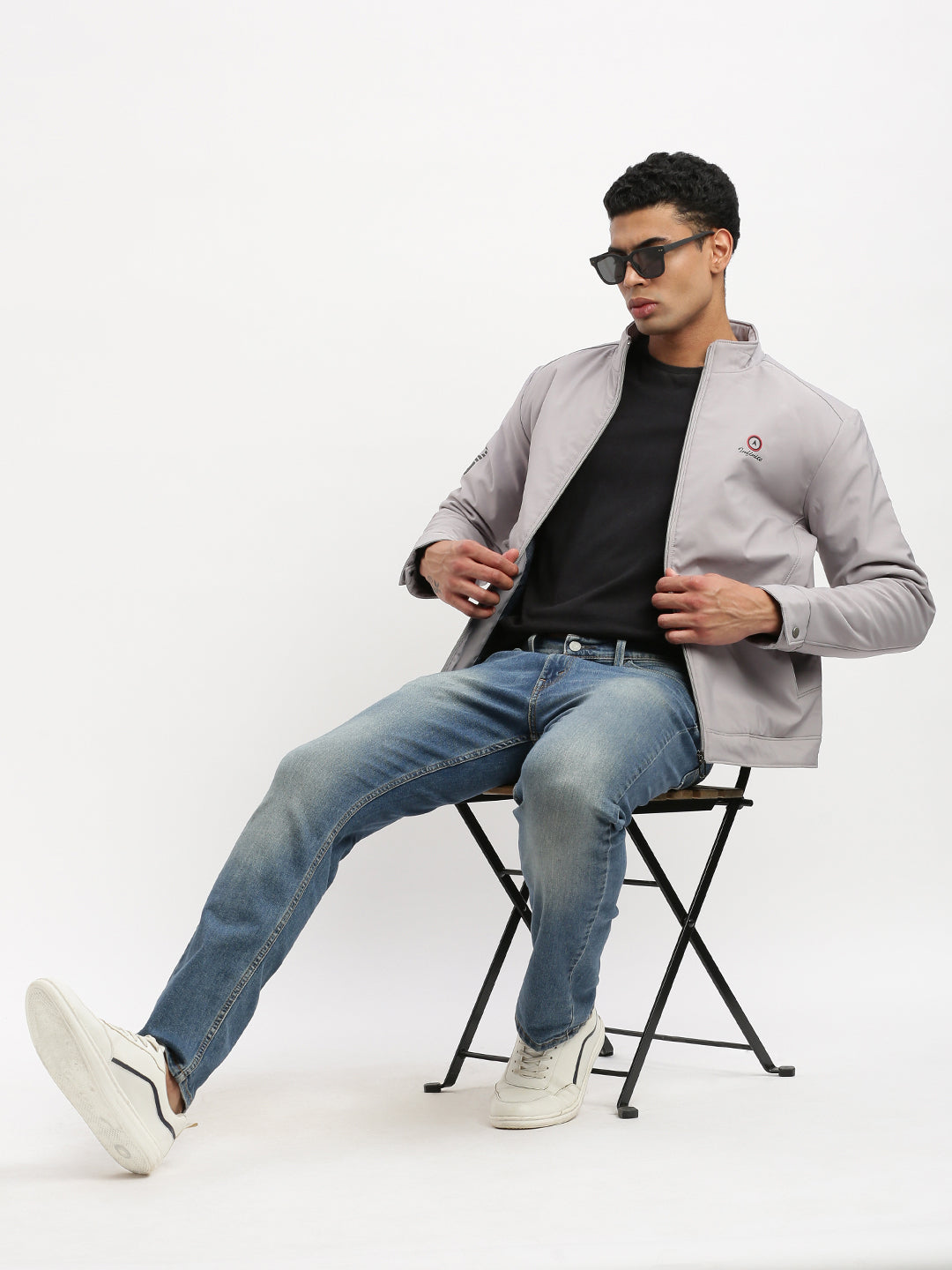 Men Mock Collar Grey Solid Bomber Jacket