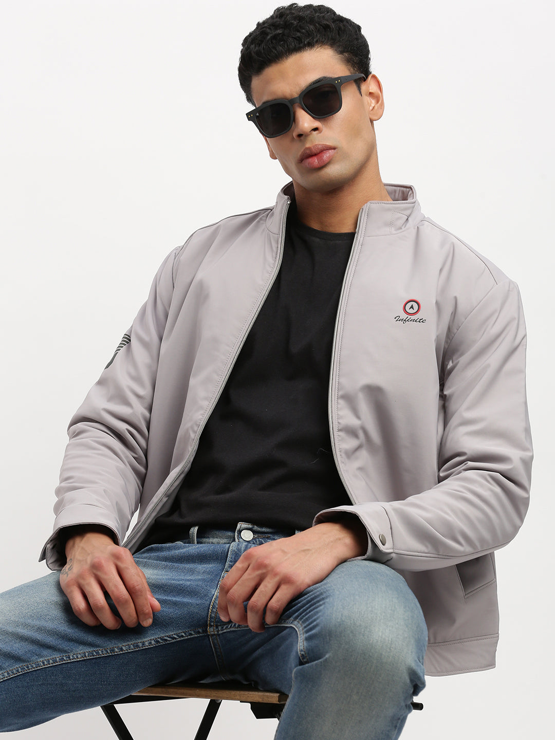 Men Mock Collar Grey Solid Bomber Jacket