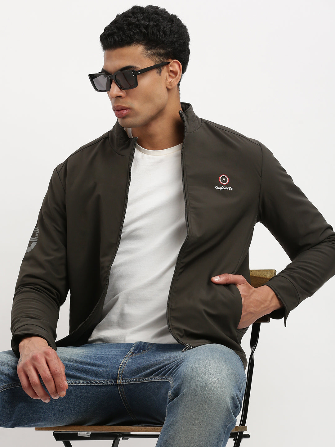 Men Mock Collar Olive Solid Bomber Jacket