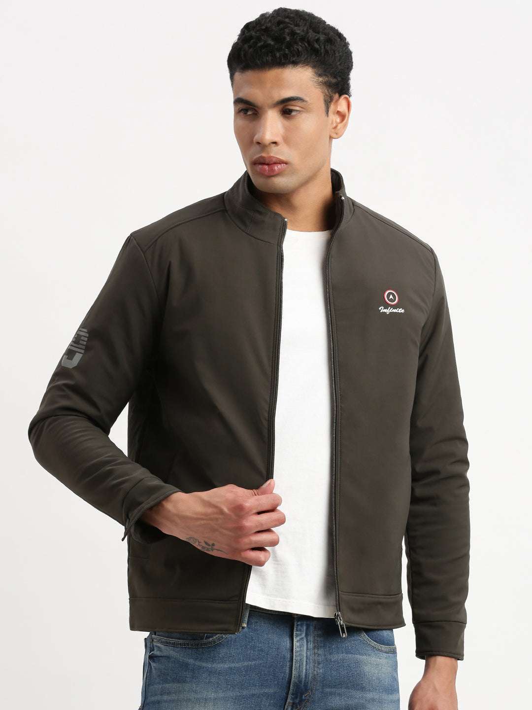 Men Mock Collar Olive Solid Bomber Jacket