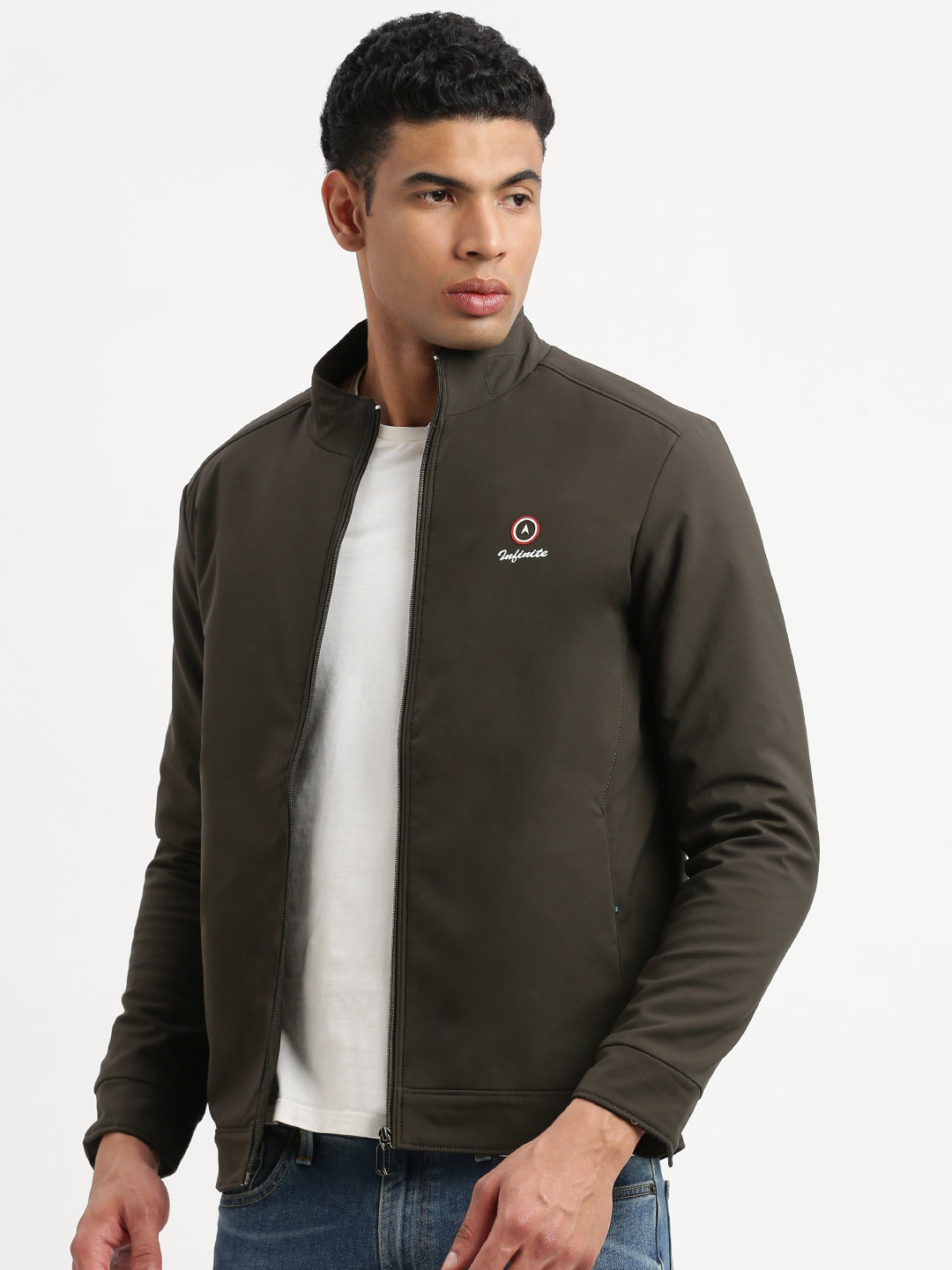 Men Mock Collar Olive Solid Bomber Jacket