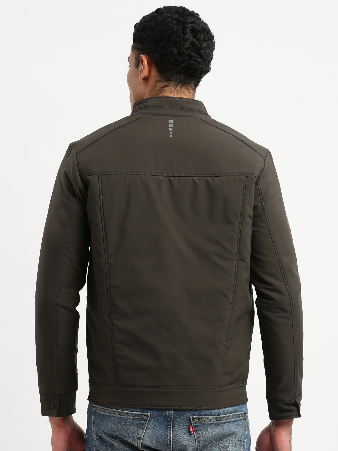 Men Mock Collar Olive Solid Bomber Jacket