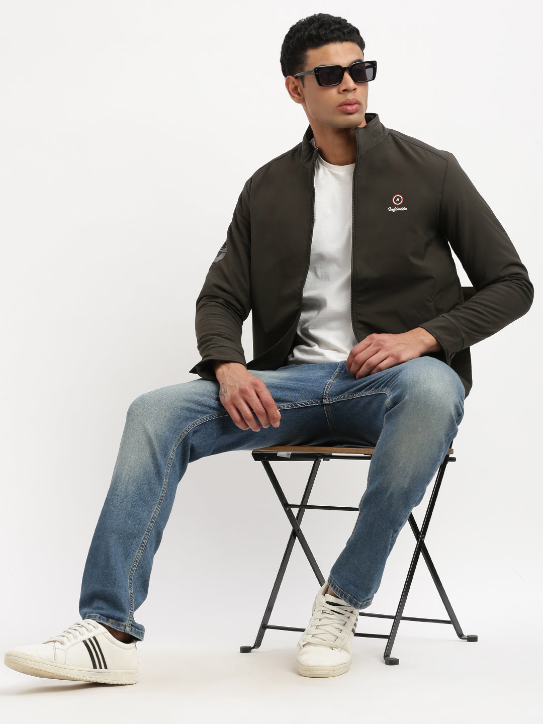 Men Mock Collar Olive Solid Bomber Jacket