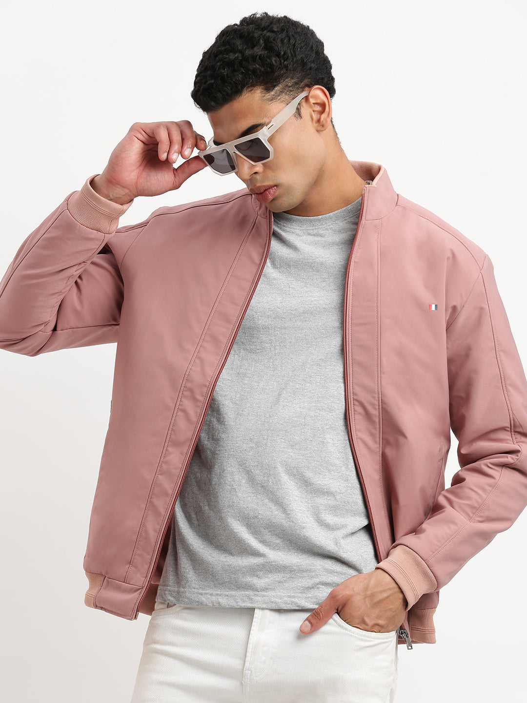 Men Mock Collar Peach Solid Bomber Jacket