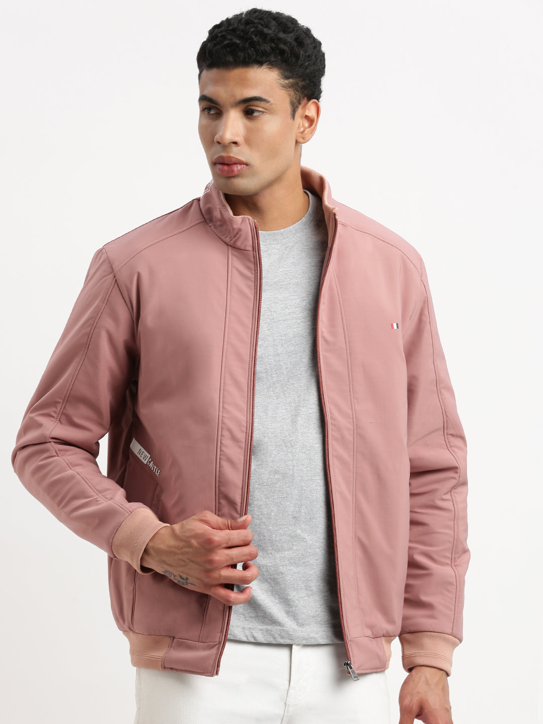 Men Mock Collar Peach Solid Bomber Jacket