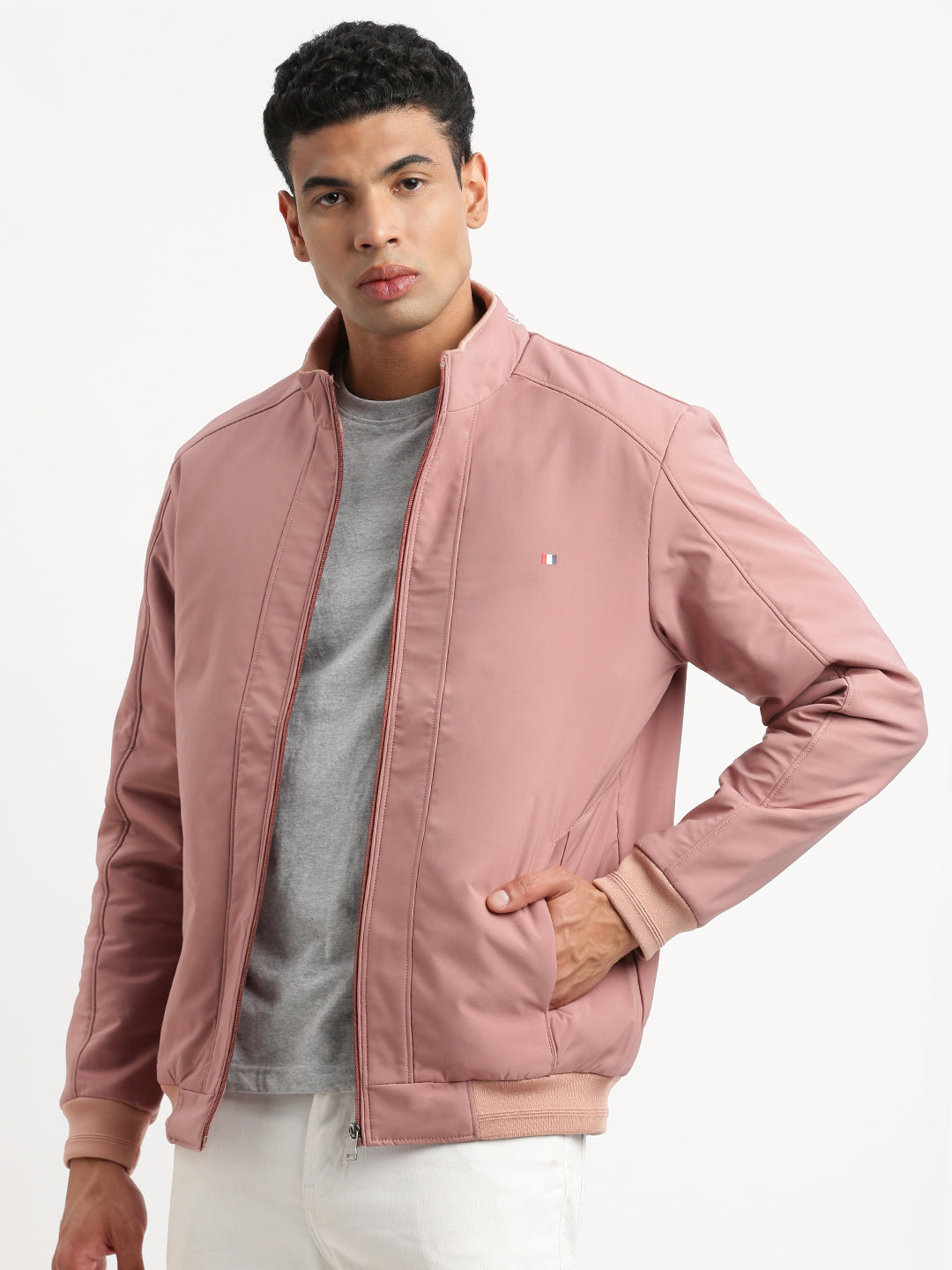 Men Mock Collar Peach Solid Bomber Jacket