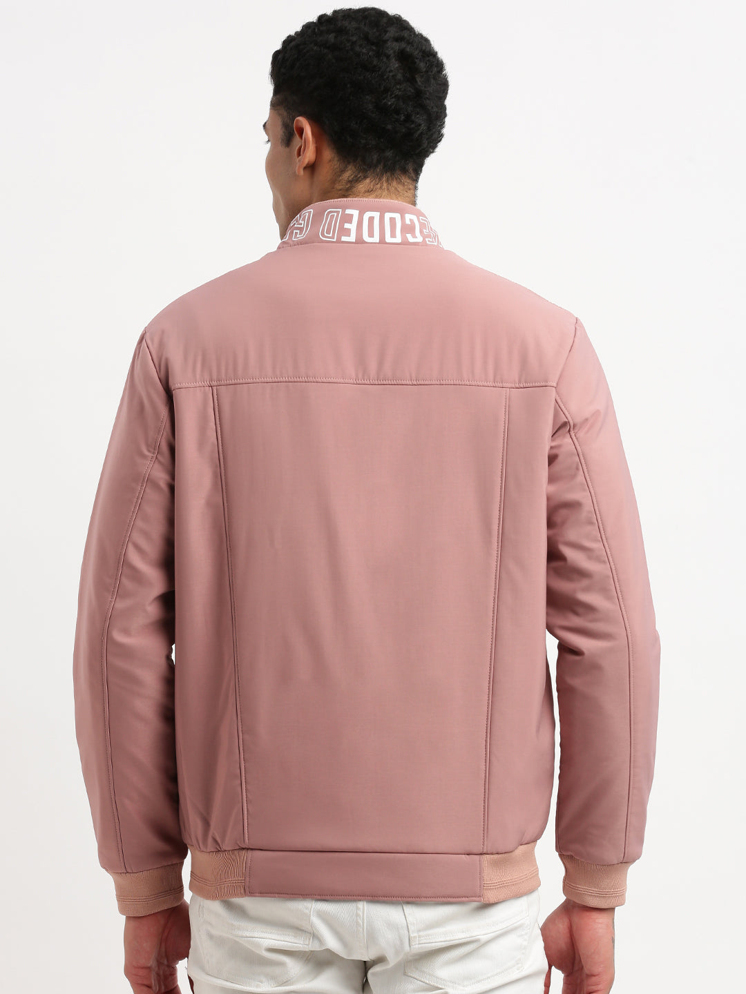 Men Mock Collar Peach Solid Bomber Jacket