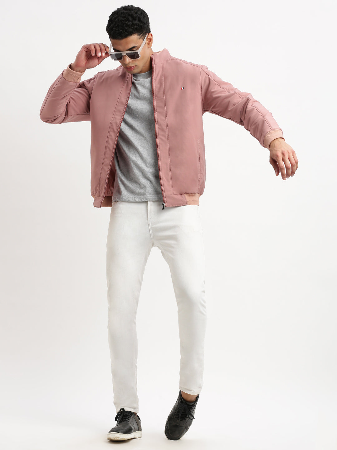 Men Mock Collar Peach Solid Bomber Jacket